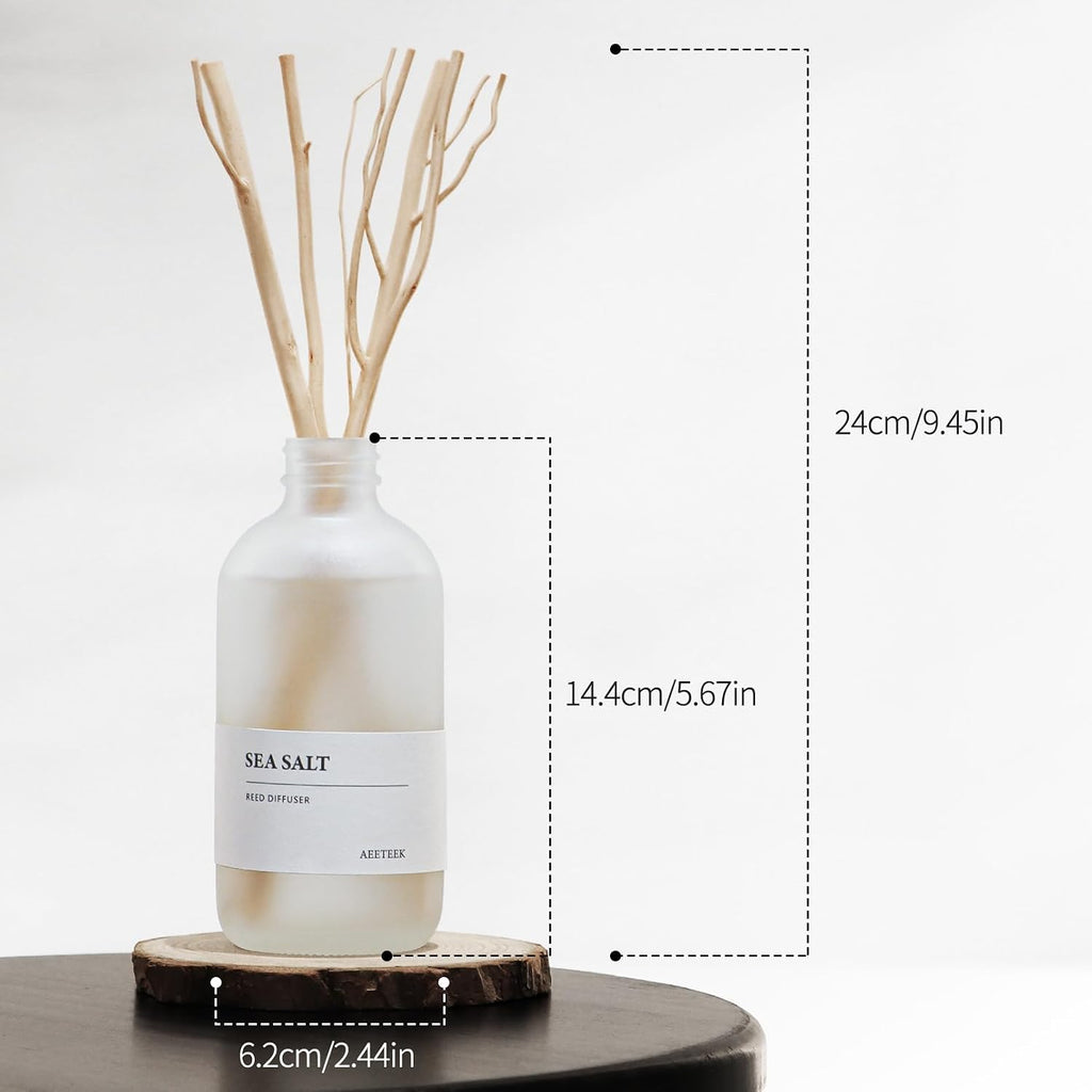 Sea Salt Reed Diffuser, 7.4oz(220ml) Sea Salt Musk and Grass Essential Oils, Bathroom Air Freshener with Willow Branches Decor, Long Lasting Fragrance for Home (1-Pack)