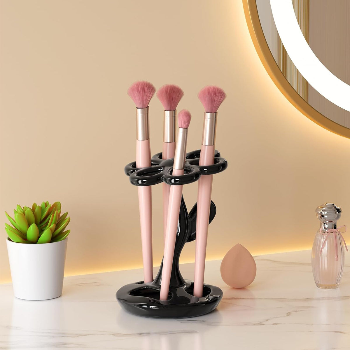 Flower Ceramic Tooth Brush Holders for Bathroom, Upgraded Large Slots Toothbrush Holder Organizer for Manual Brushes & Art Paintbrushes, Aesthetic Vanity Decor, Non-Tip Sturdy Base, 6 Slots （Black）