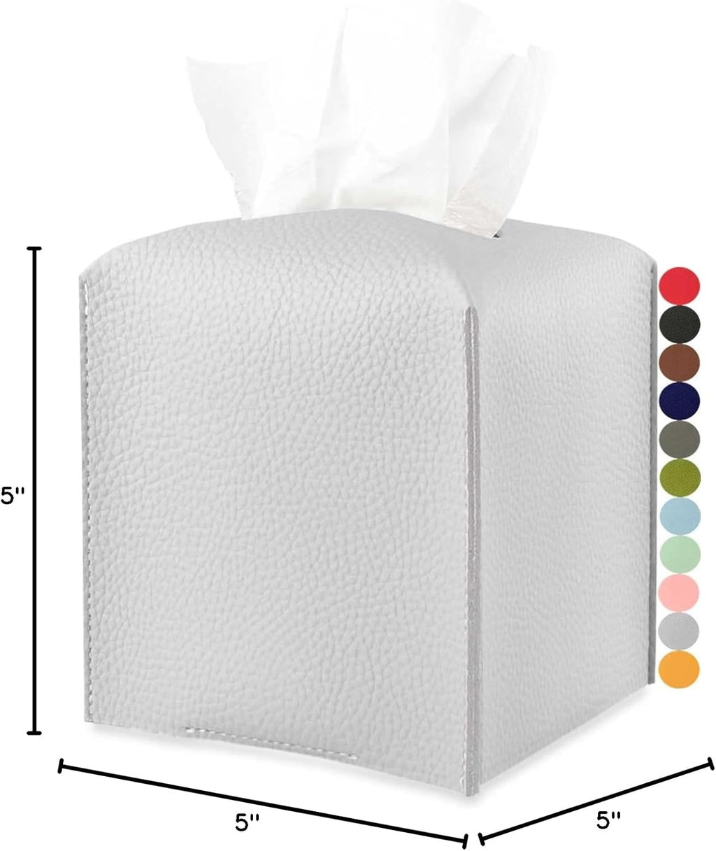 Tissues Cube Box Cover Leather – with Bottom Belt [JESMINI, Light Gray] Decorative Tissue Box Cover for Bathroom Vanity Countertop/Night Stands/Office Desk