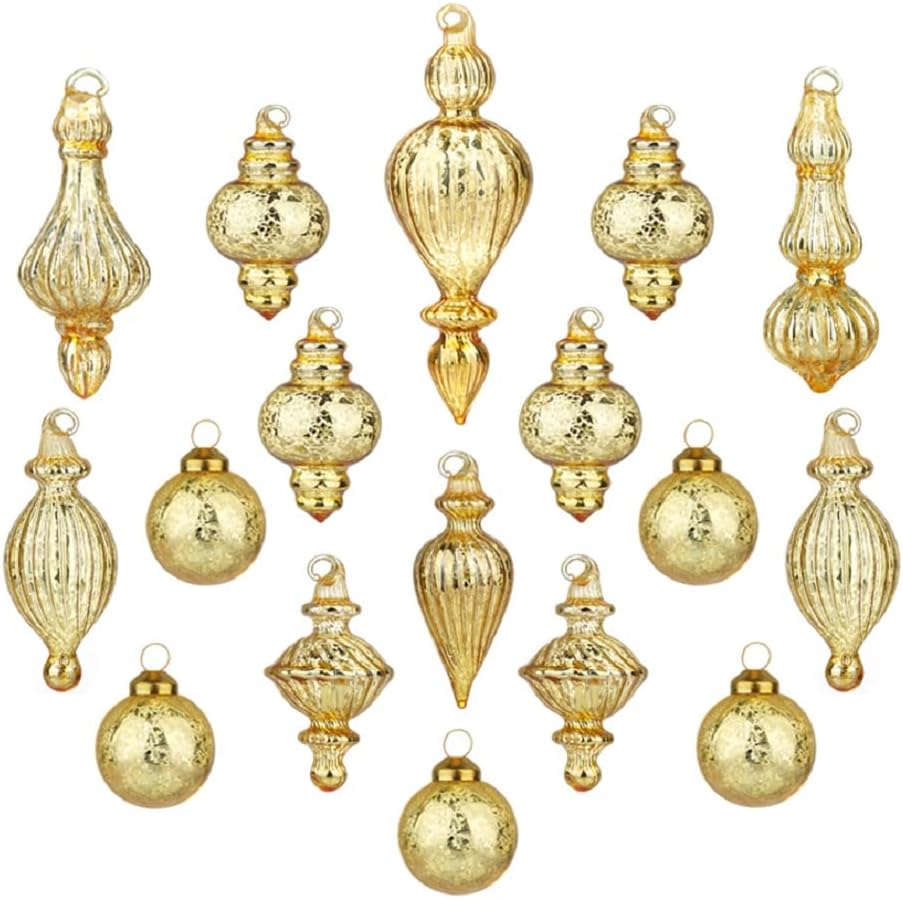 Glass Christmas Ball Ornaments Mercury Glass Drop Ornaments Holiday Trees Wreaths & Garland Decor Gold Color Size: 1.57''-5.39''(17 Pieces)