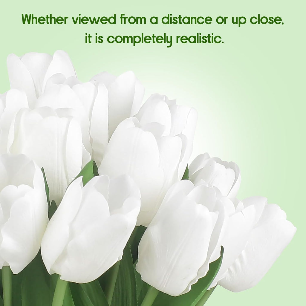 Artificial Tulips - 20 Stems Real Touch Realistic Fake Tulip Flowers, Premium Silk Feel, UV-Resistant, Anti-Fade, Waterproof Lifelike Faux Tulips for Home Decor, Wedding, Party, DIY (White)
