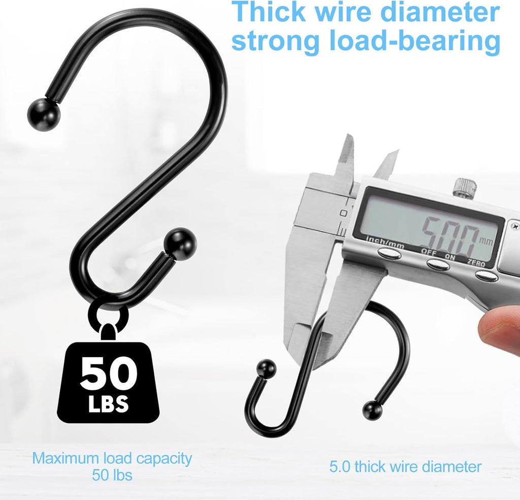 Shower Curtain Hooks, Metal Shower Hooks for Shower Curtain Rod, Rust Proof Metal Shower Curtain Rings, Decorative S Shower Hook (Black)