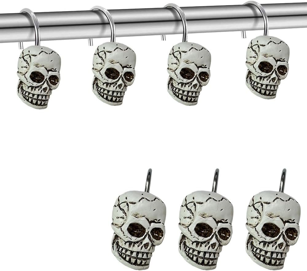 Decorative Shower Curtain Hooks, 12pcs Skull Resin Art Deco Rust Resistant Hooks Glide Shower Ring Hangs Holder Bling for Bathroom Baby Living Room Nursery Halloween Decoration