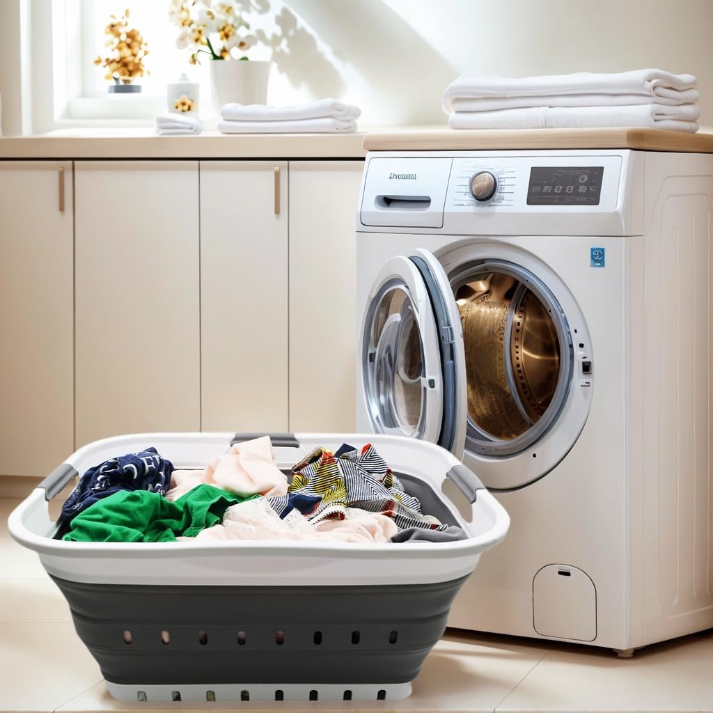 SAMMART 42L (11 gallon) Collapsible Plastic Laundry Basket - Foldable Pop Up Storage Container/Organizer - Portable Basket - Space Saving Hamper/Basket (2, White/Dark Grey)