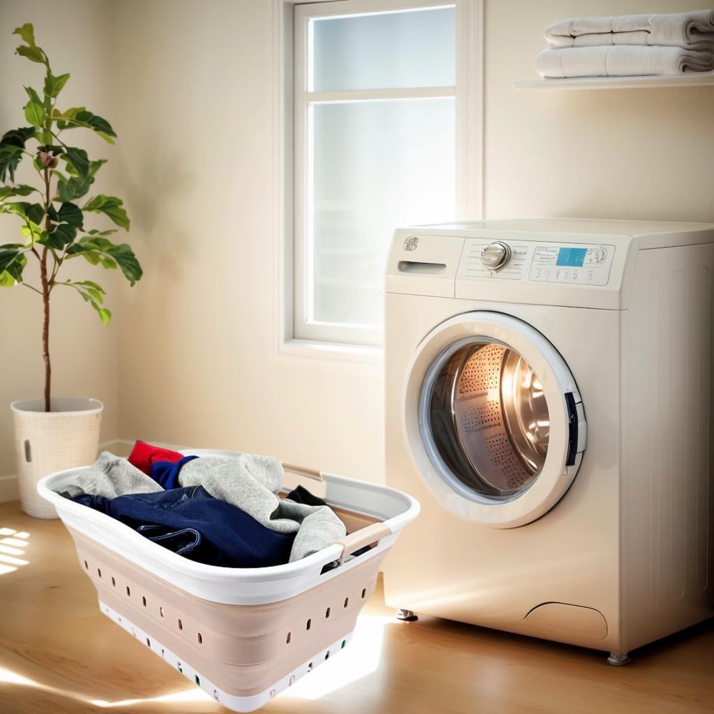 SAMMART 42L (11 gallon) Collapsible Plastic Laundry Basket - Foldable Pop Up Storage Container/Organizer - Portable Washing Tub - Space Saving Hamper/Basket (White/Latte)