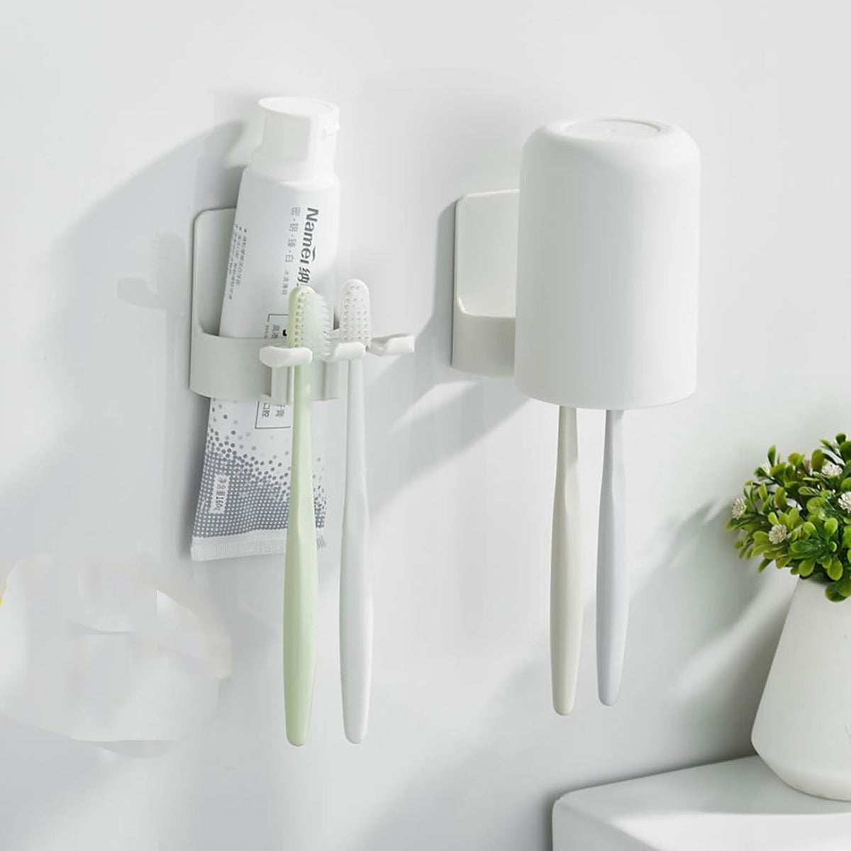2 PCS Self-Adhesive Toothbrush Holders Wall Mounted, Water Proof Toothbrush Hook, 3 in 1 with Toothbrush Hanger Toothpaste Holder and Gargle Cup Holder for Bathroom Shower (White)