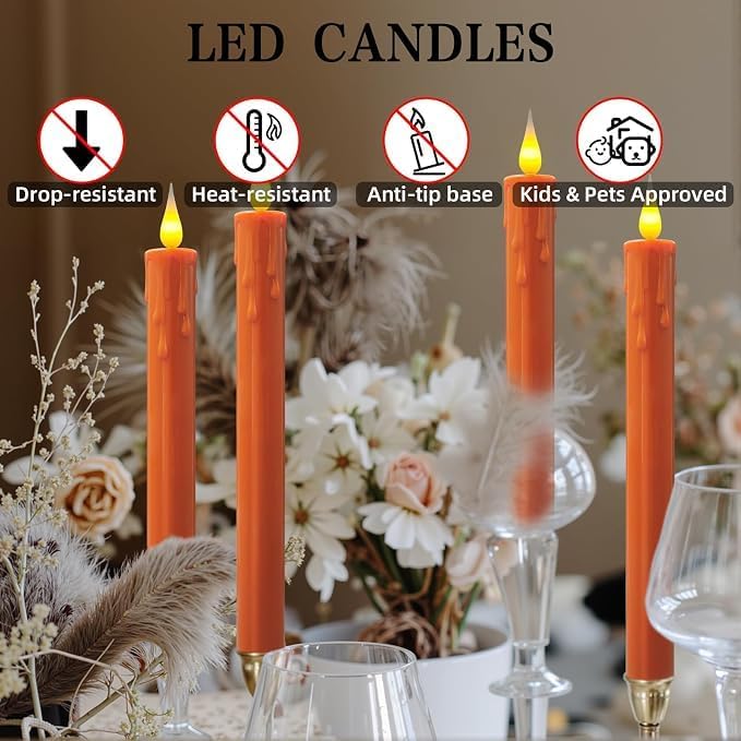 Flameless Taper Candles -10 inch 6 Pack Orange Candle Sticks with 3D Flickering Effect & 10-Key Remote, Realistic Battery Operated Candlesticks for Christmas Decor, Weddings, Halloween, Home Decor