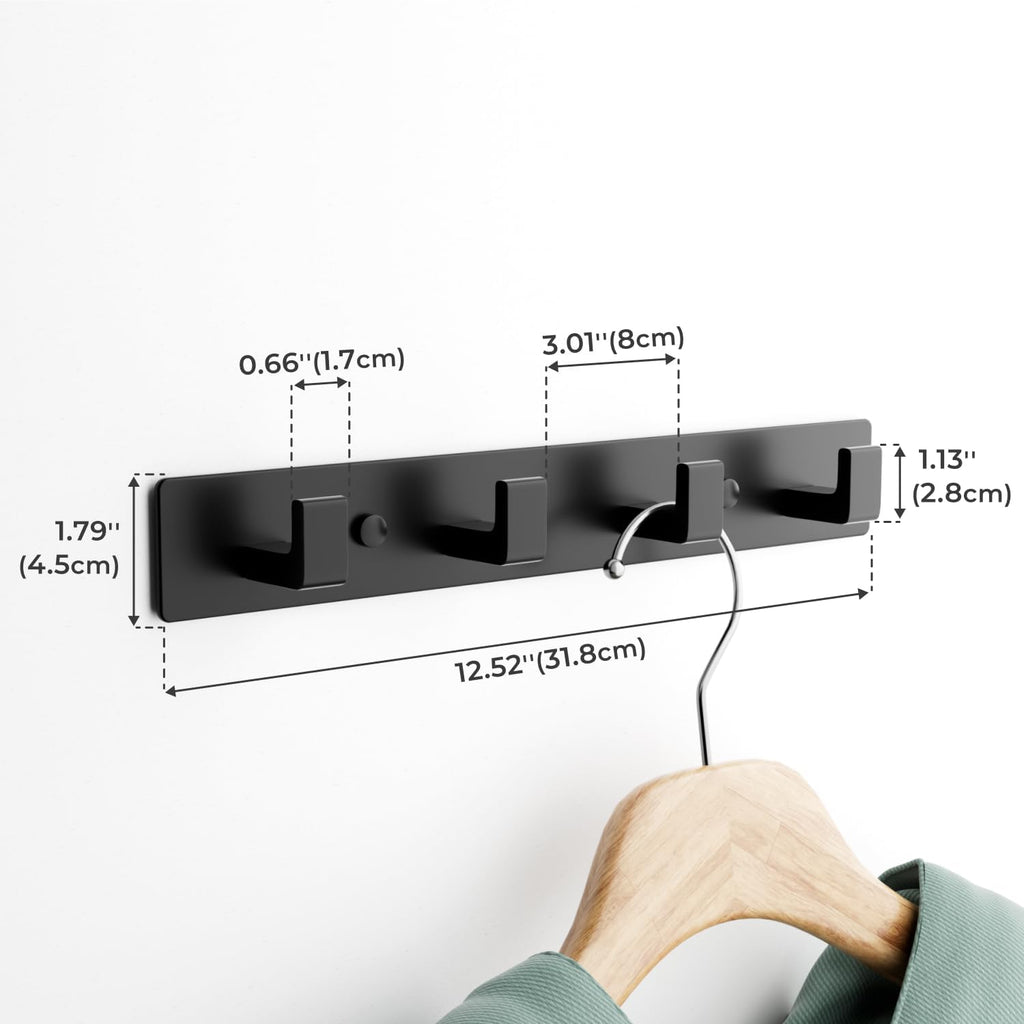 Black Coat Rack Wall Mount - 12.5" Rail with 4 Right-Angle Hooks(2 Pack)