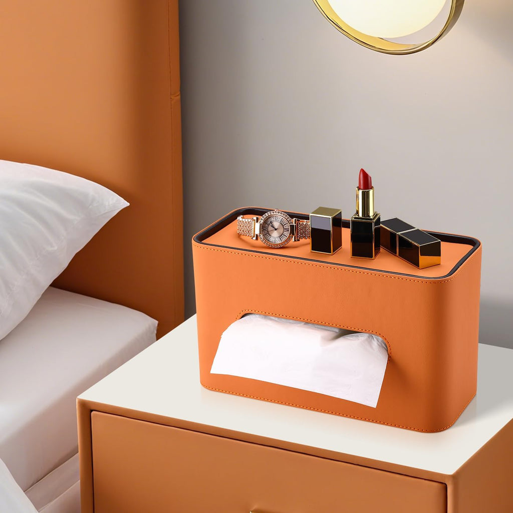GORESE Rectangular Tissue Box Cover for Kleenexs, PU Leather Tissue Box Holder, Decorative Tissue Holder Cover for Bathroom Bedroom Living Room Office, Orange