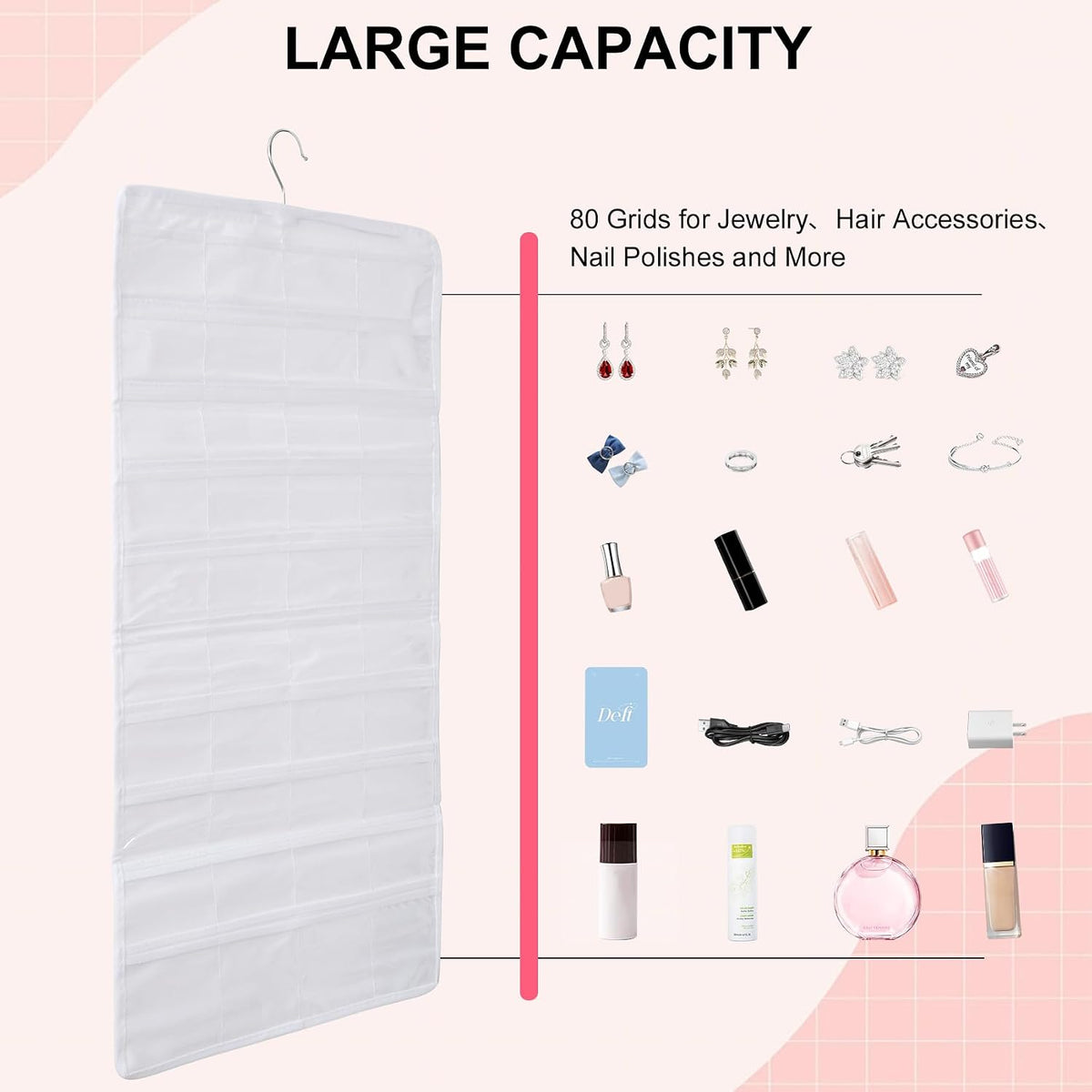 Hanging Jewelry Organizer, Dual Sided Closet Earring Storage with Hanger, 80 Clear Pockets Storage for Jewelry Necklaces, Bracelets (White)