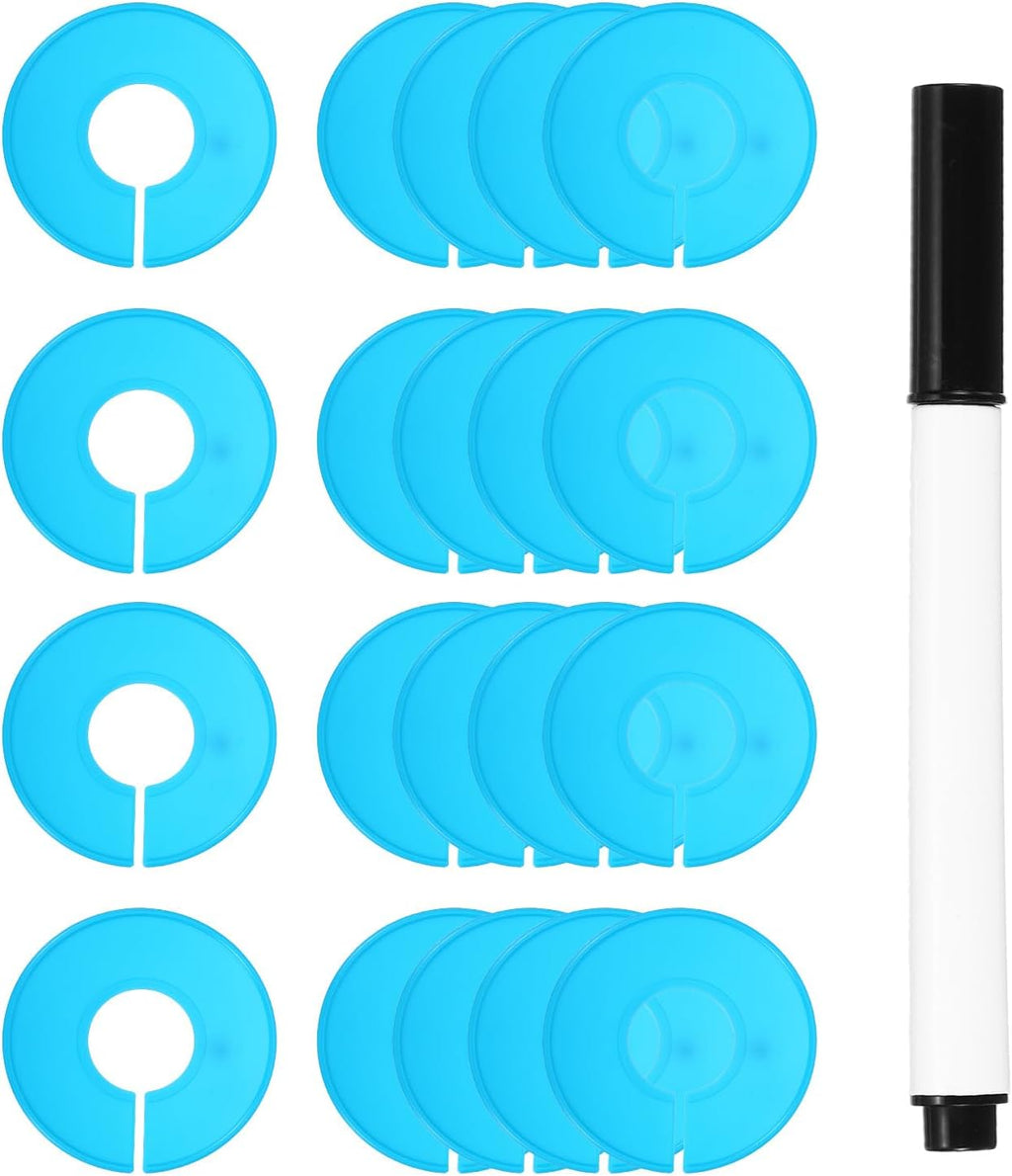 uxcell Clothes Dividers,20 Pack Round Closet Rack Dividers Clothing Rack Size Dividers Blank Labels with Marker Pen Writable & Reusable for Hanging Clothes Sorting Size, Light Blue