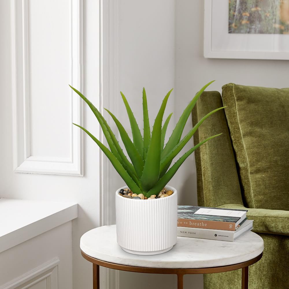 GnFlus Artificial Succulent Aloe Plants 12 Inch Faux Succulents with Ceramic Pot Fake Aloe Potted Plant for Home Indoor Bathroom Table Bedroom Shelf Office Decor