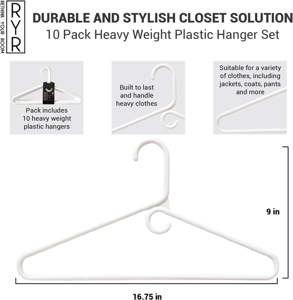Clothes Hangers 10 Pack Plastic - Heavy Duty Space Saving Coat, Pant Hangers for Closet Organization - Durable Non-Slip, White Wardrobe Essentials Bulk Storage