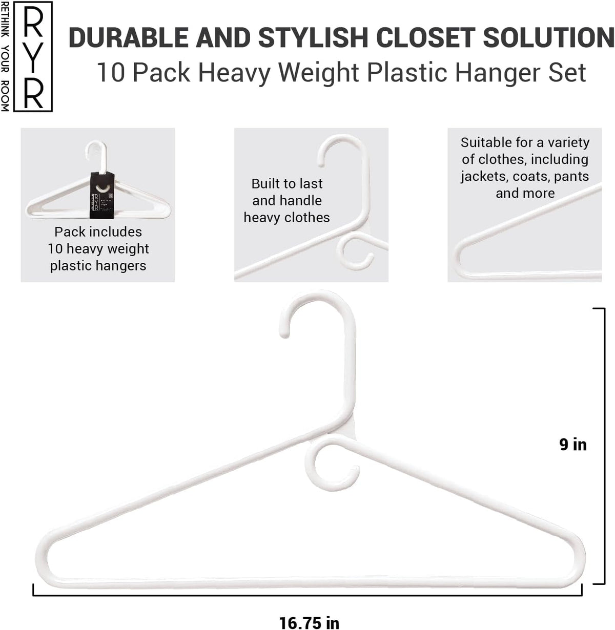 Clothes Hangers 10 Pack Plastic - Heavy Duty Space Saving Coat, Pant Hangers for Closet Organization - Durable Non-Slip, White Wardrobe Essentials Bulk Storage