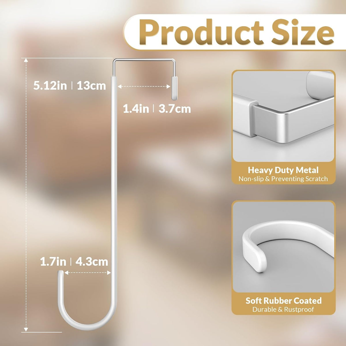 Over the Door Hooks, 4 Pack Heavy Door Hanger Hooks with Non-Slip Rubber, Over Door Hanger for Towels, Coats, Bags, Space Saving Door Coat Hanger for Living Room,Bathroom, Bedroom (White, Long)