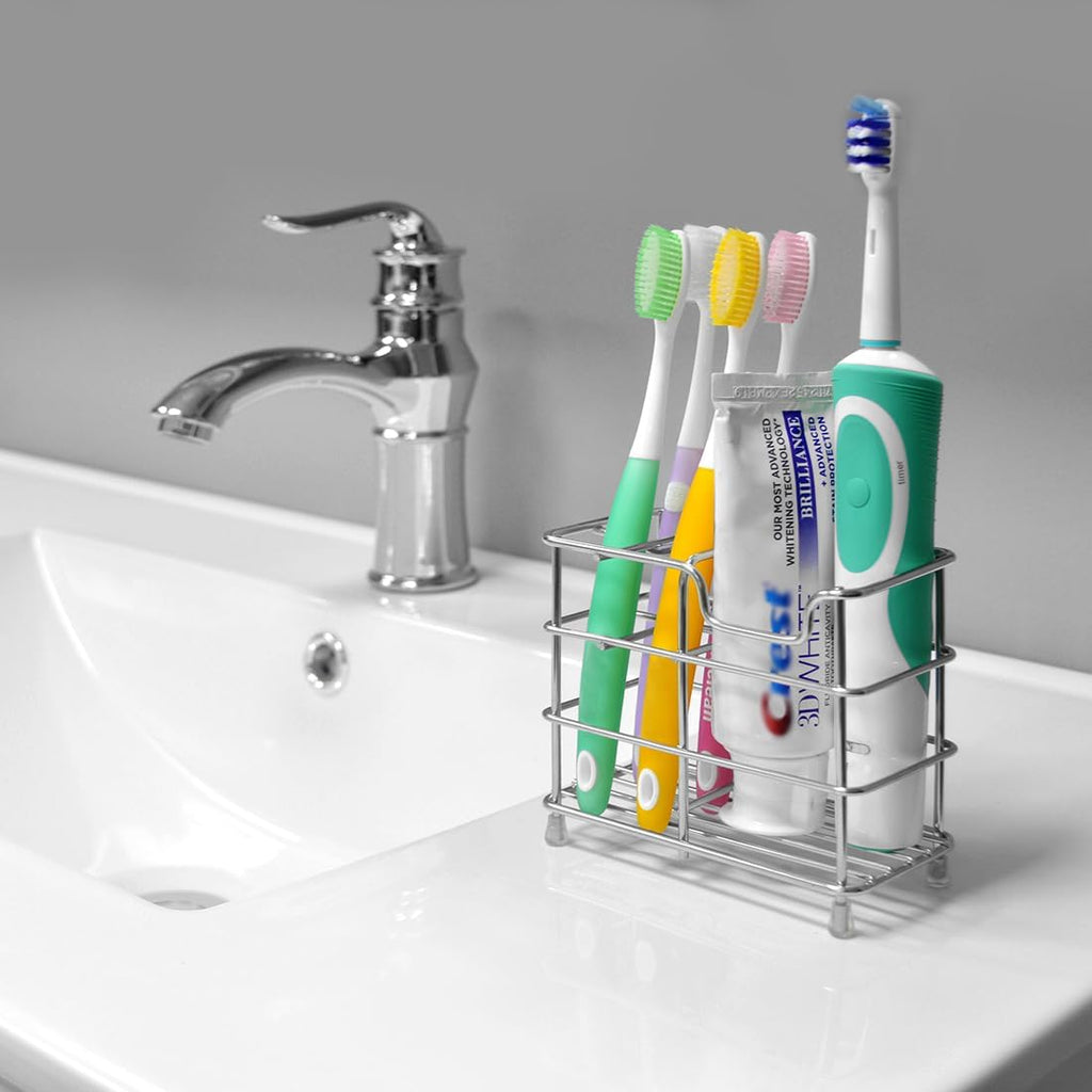 Linkidea Wall Mount Toothbrush Holder for Bathroom, Stainless Steel Stand for Electric Toothbrush, Toothpaste, Razor, Self Adhesive/Countertop 5 Slots Organizer (Chrome)