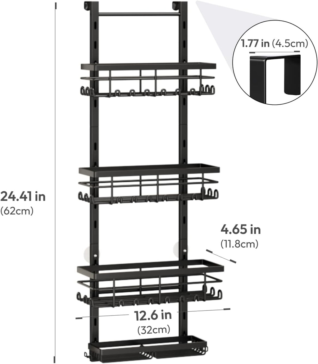 SWTYMIKI Over The Door Shower Caddy - 4 Tier Rustproof Hanging Shower Organizer with Adjustable Shelves, 40 Hooks & Soap Holder, Hanging Shower Rack Storage for Bathroom Accessories, Black