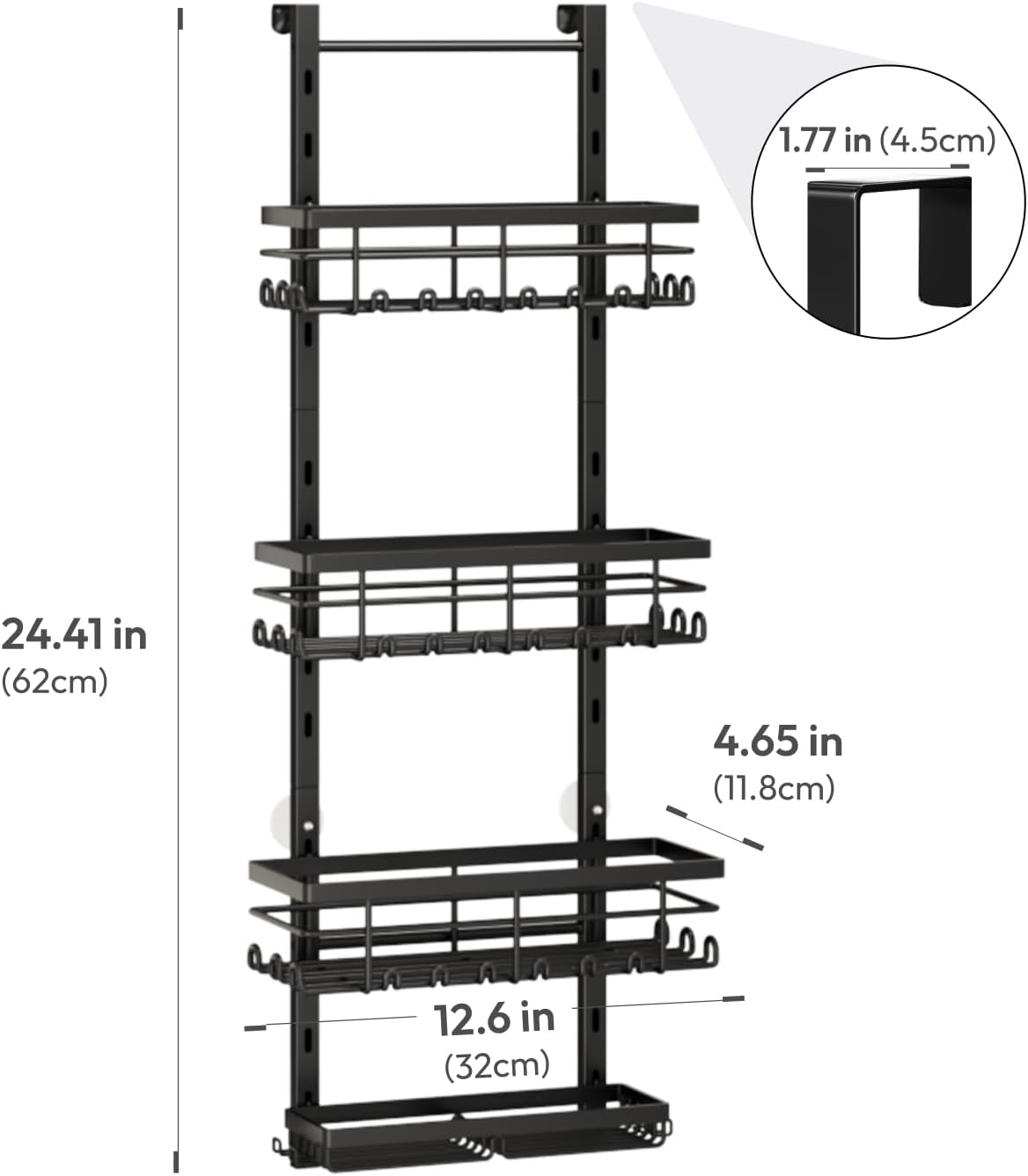 SWTYMIKI Over The Door Shower Caddy - 4 Tier Rustproof Hanging Shower Organizer with Adjustable Shelves, 40 Hooks & Soap Holder, Hanging Shower Rack Storage for Bathroom Accessories, Black