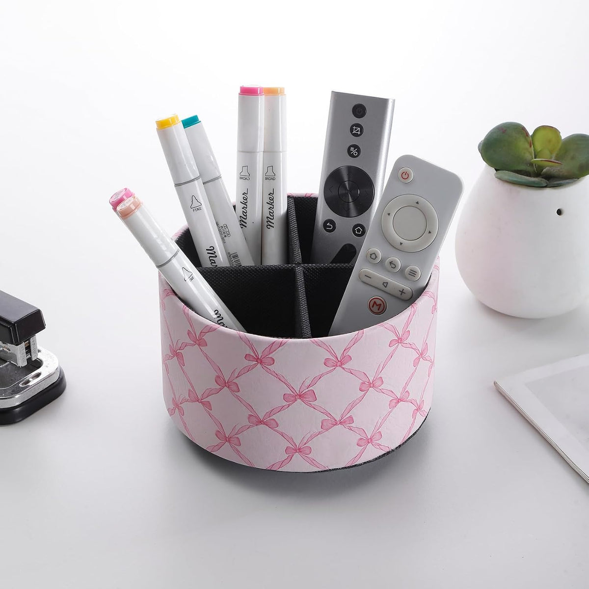 Cute Rotating Table Remote Control Holder, 360 Spinning PU Leather Remote Organizer and Makeup Brush Holder, Aesthetic Room Decor Storage Caddy for Nightstand, Pink Bow PH131