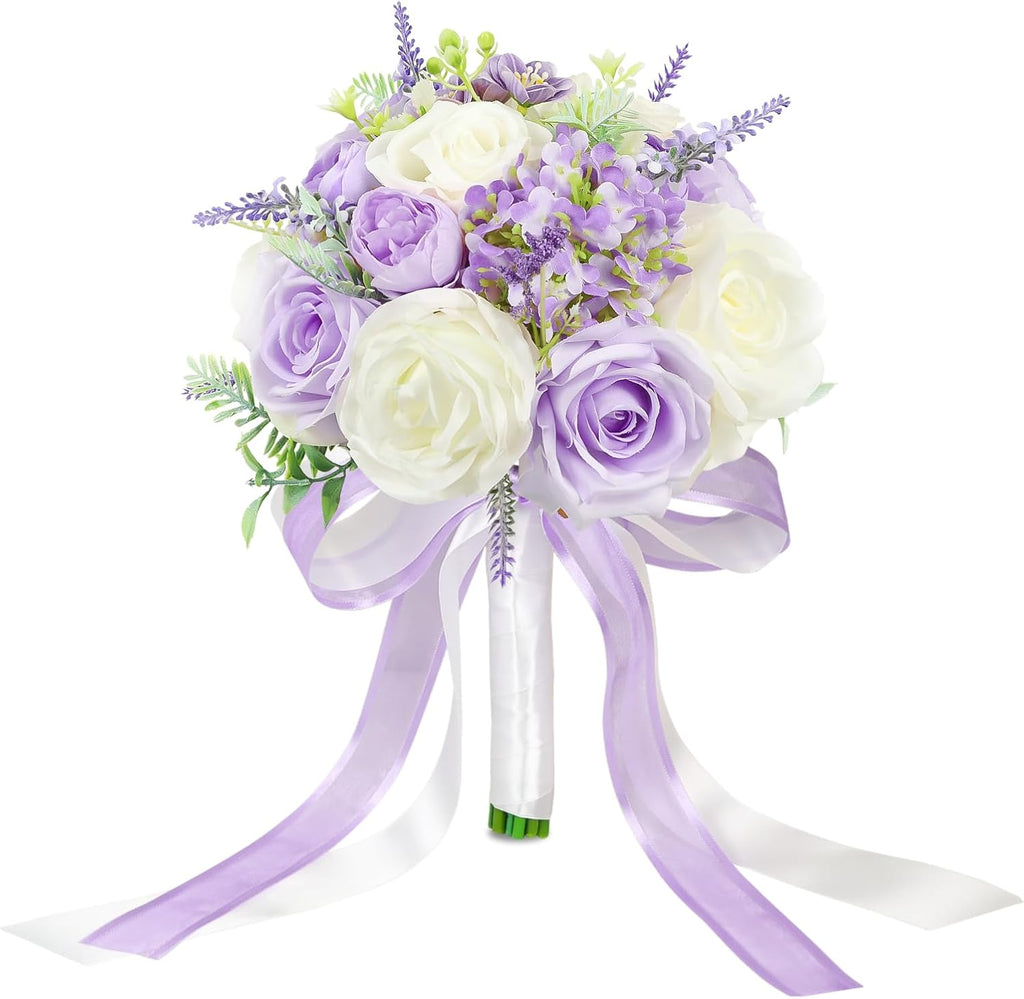 Bride Bouquets for Wedding 8.5 Inch Lilac Artificial Rose Flower Bridal Bouquets for Bride Wedding Bridesmaid Marriage Proposal Party Anniversary Church Decoration