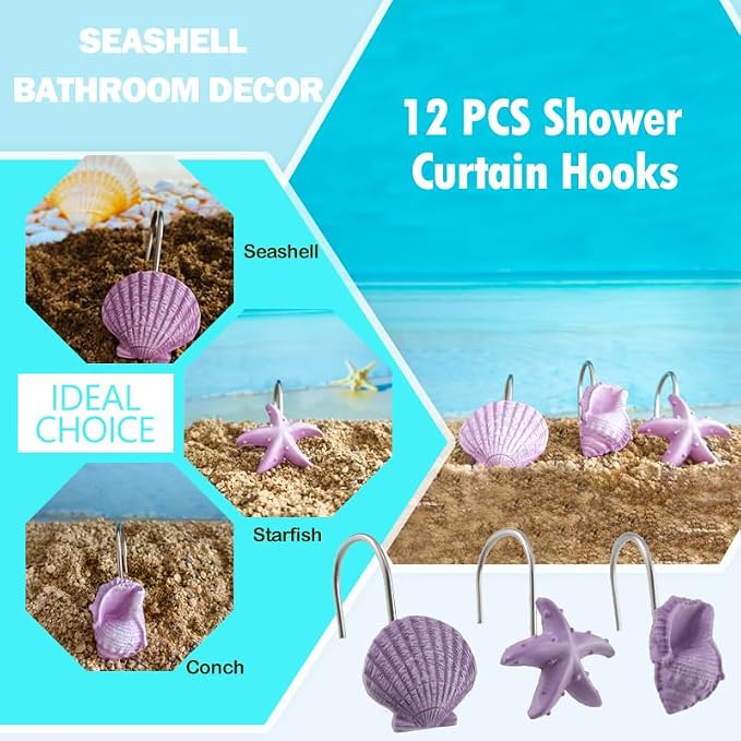 12pc Nautical Shower Curtain Hooks Rings Seashell Bathroom Decor