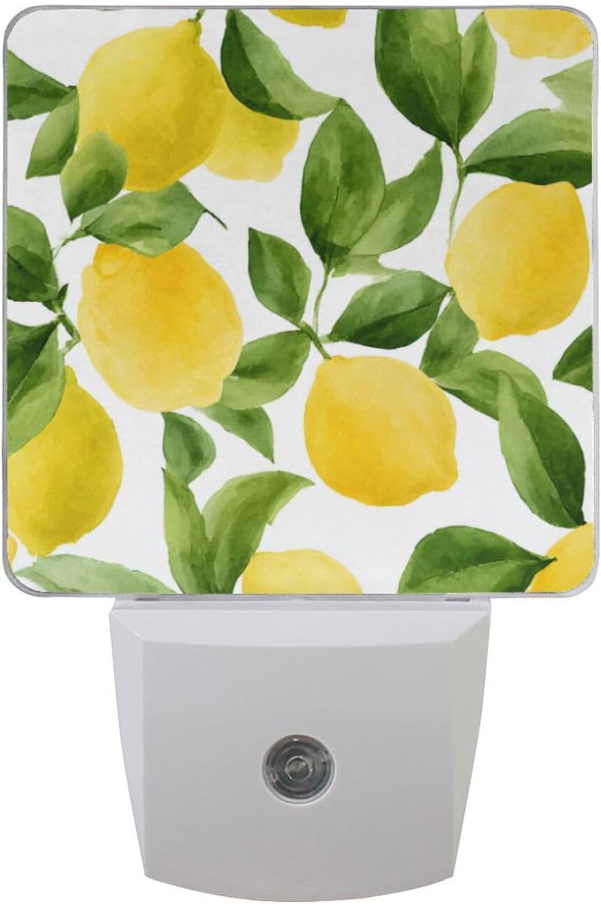 ALAZA 2 Pack Lemon Fruit Leaves Watercolor LED Night Light Dusk to Dawn Sensor Plug in Night Home Decor Desk Lamp for Adult