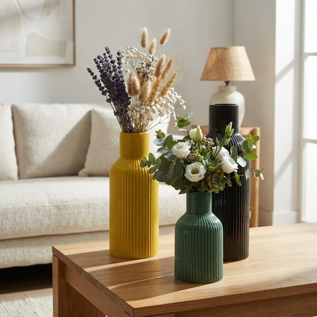 Colorful Ceramic Vases Set of 3,Smooth Vertical Ribbed, Minimalist for Pampas Dried & Fresh Flowers, Centerpiece for Living Room, Shelf, Entryway, Wedding (Black, Deep Green,Yellow)