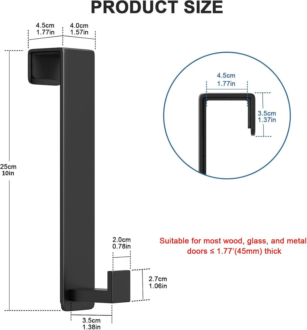 PMMASTO 10 Inch Hooks for 1-3/4 Inch Doors, Black- 2 Pack, L Shape