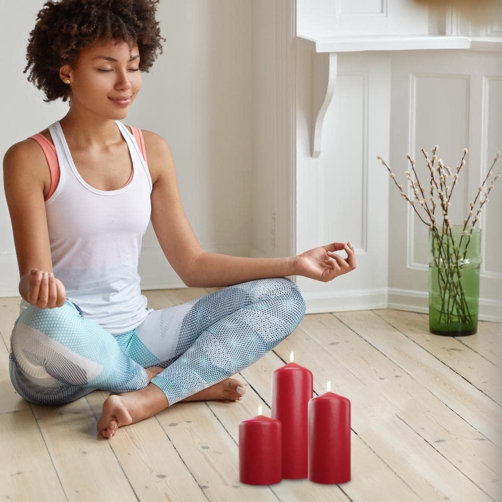 Bask Cone Top Pillar Candles - Elegant Red Candles - Set of 3 Red Pillar Candles - 3"x4", 3"x6", and 3" x8 - Smokeless and Dripless Decorative Candles for Home Decor and Relaxation