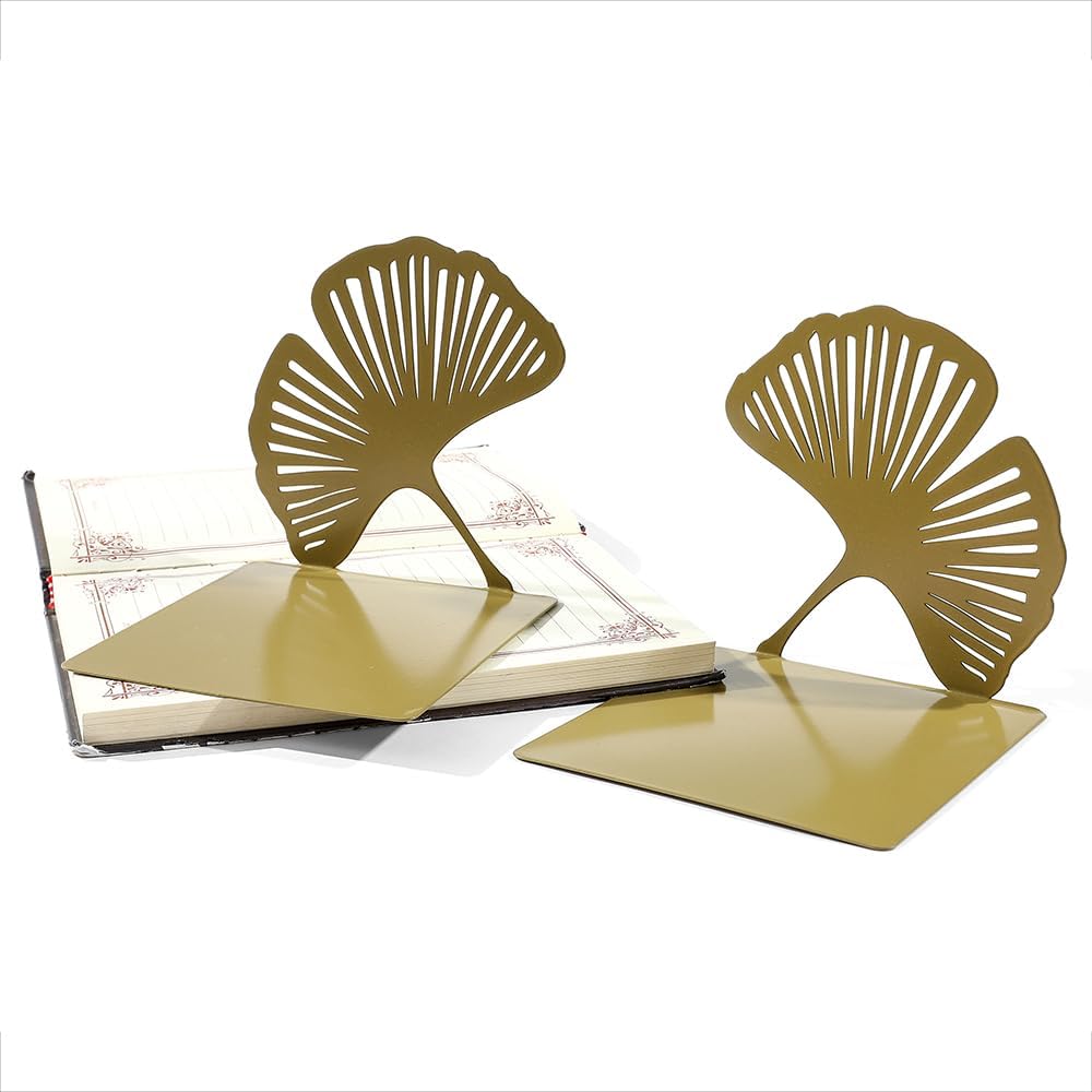 Ginkgo Leaf Metal Bookend, Botanical Leaf Veins Heavy Duty Book Stand