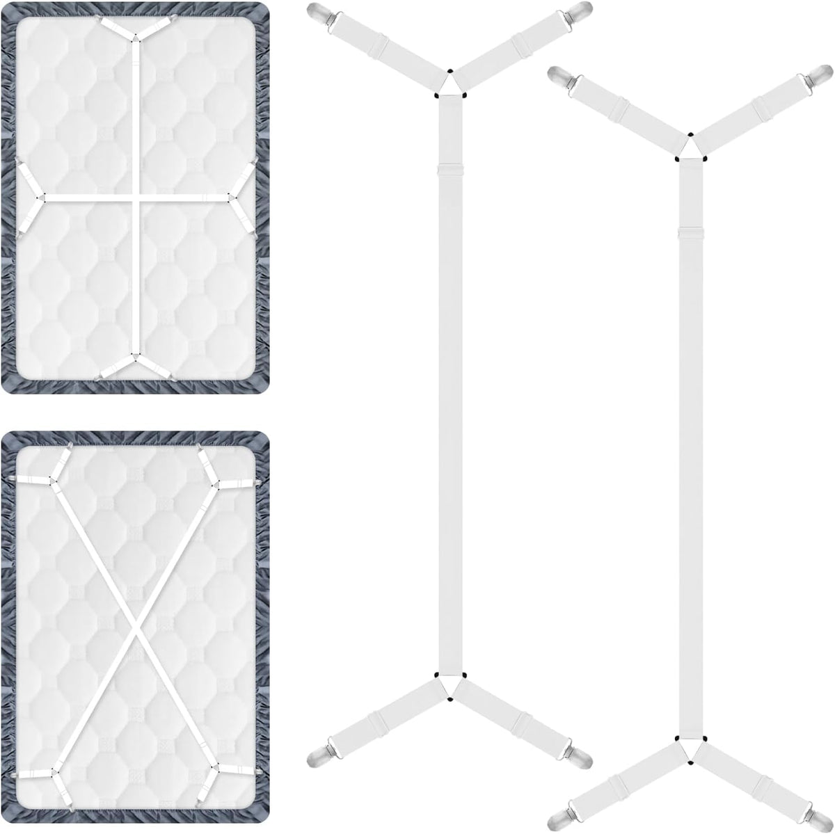Bed Sheet Straps, 2Pcs Elastic Adjustable Bed Sheet Holder Straps, Fitted Sheet Straps to Hold Sheets in Place with Metal Clips, Sheet Holders for Mattress Cover, Sheet, Sofa Cushion (White)