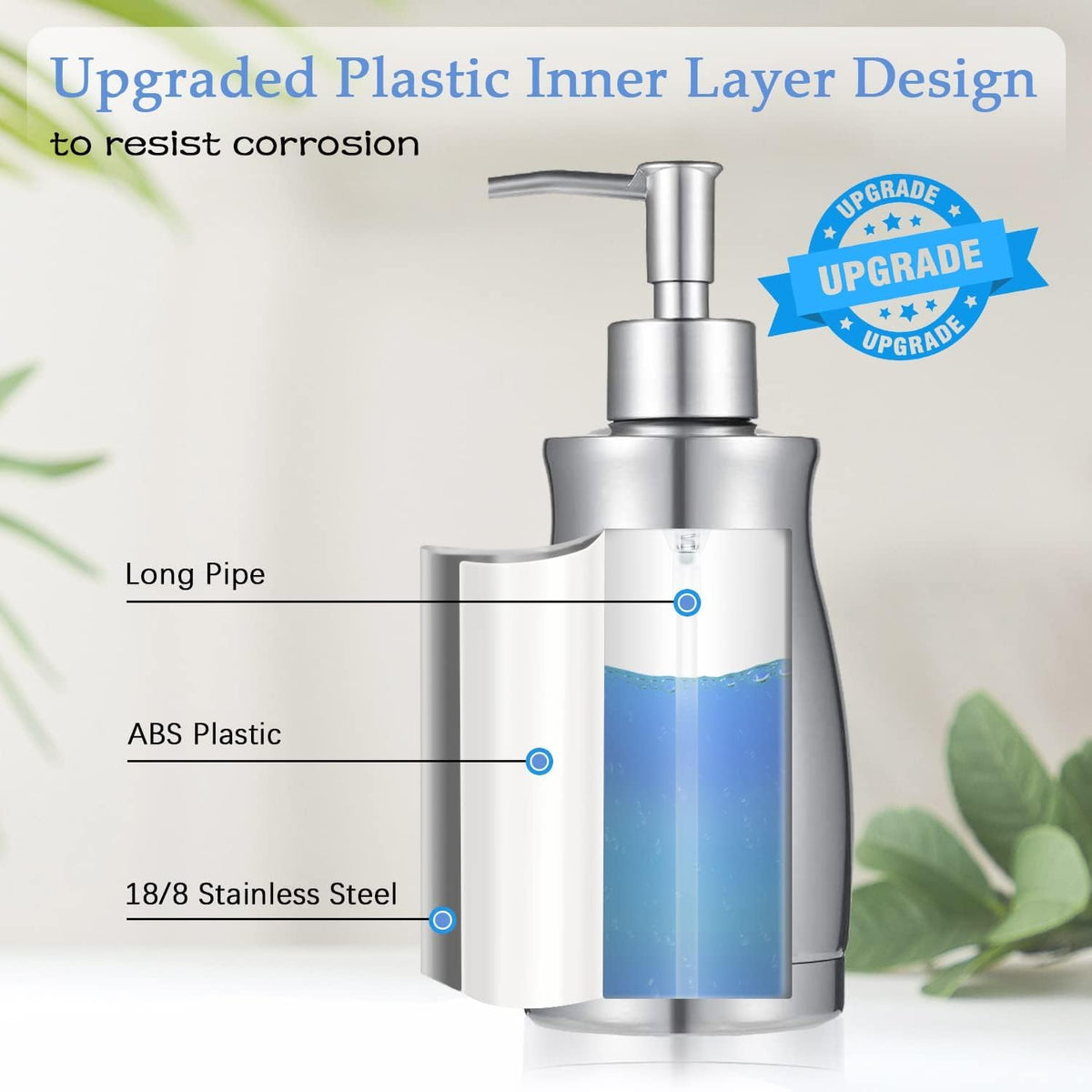 ARKTEK Stainless Steel Countertop Soap Dispenser 13.5 Oz - Rust and Leak Proof Liquid Hand Soap Pump, for Kitchen Sink, Countertops