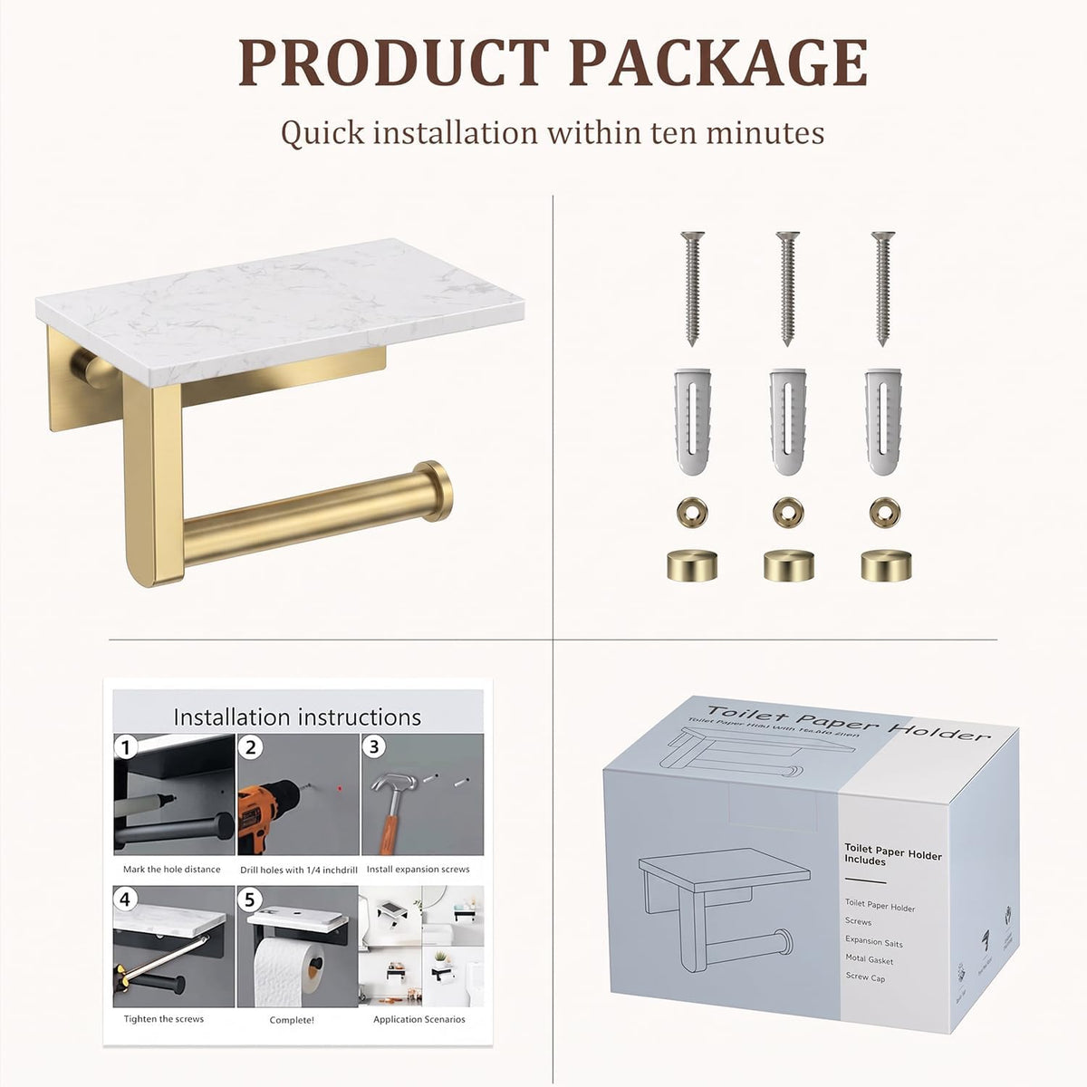 BWE Brushed Gold Toilet Paper Holder with Marble Shelf Wall Mounted