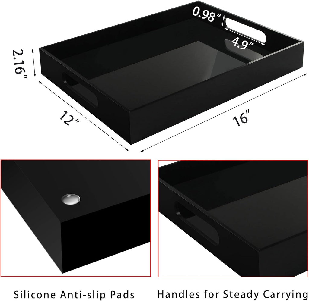Tasybox Black Serving Tray, Acrylic Decorative Serving Trays with Handles for Kitchen Dining Room Table Ottoman Vanity Countertop 16" x 12"