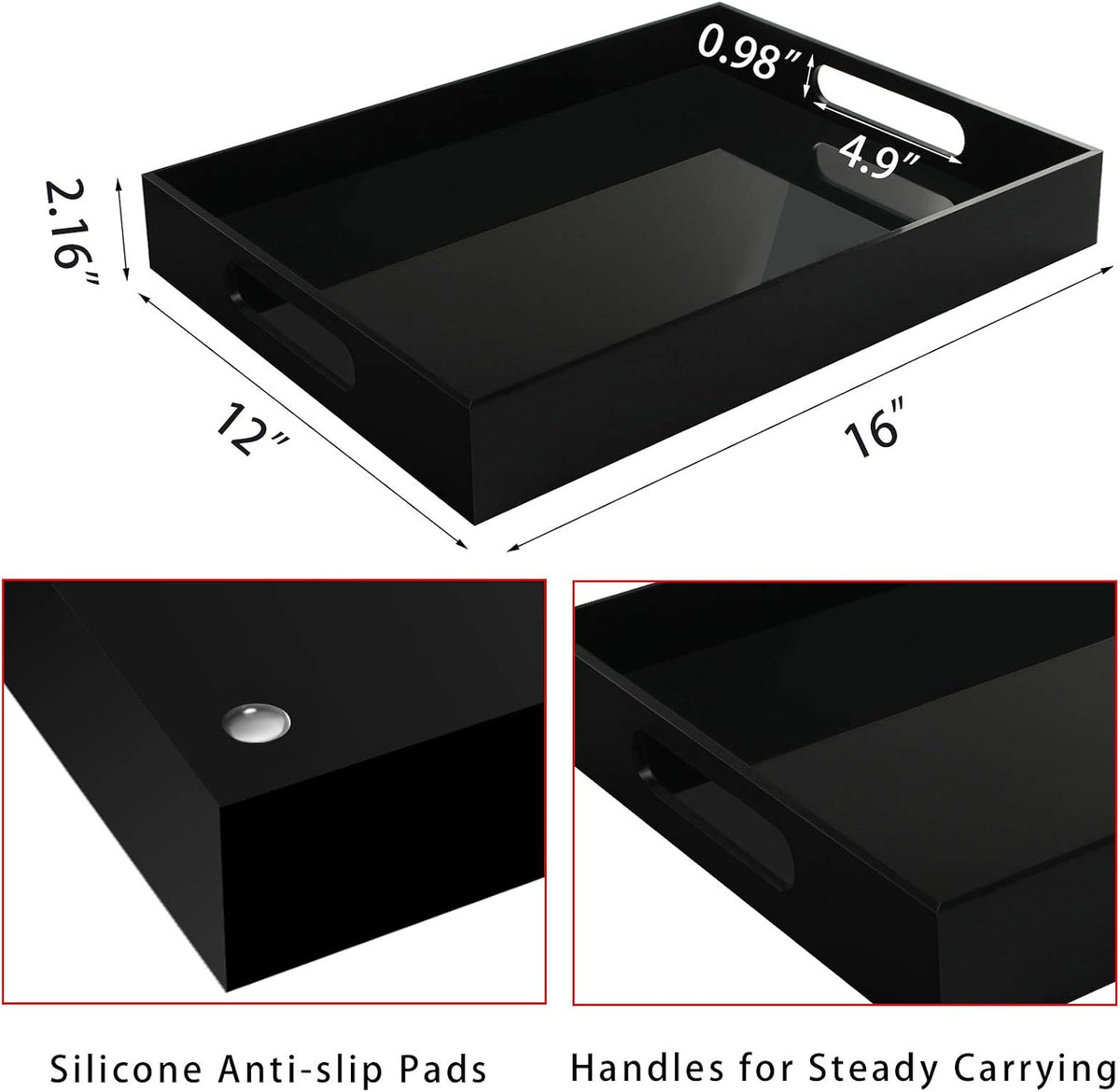 Tasybox Black Serving Tray, Acrylic Decorative Serving Trays with Handles for Kitchen Dining Room Table Ottoman Vanity Countertop 16" x 12"