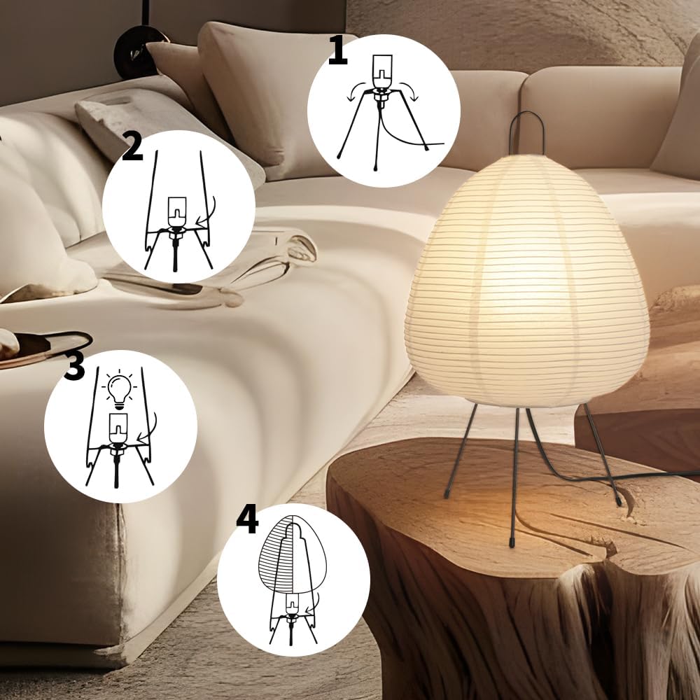 Japanese Rice Paper Lamp,Table Lamps for Living Room,Paper Lanterns,Noguchi Akari Japandi Lamp,Japanese Decor Desk Light,Tripod Table Lamps for Bedroom,Bedside or Tabletop,E26 Base,Button Control