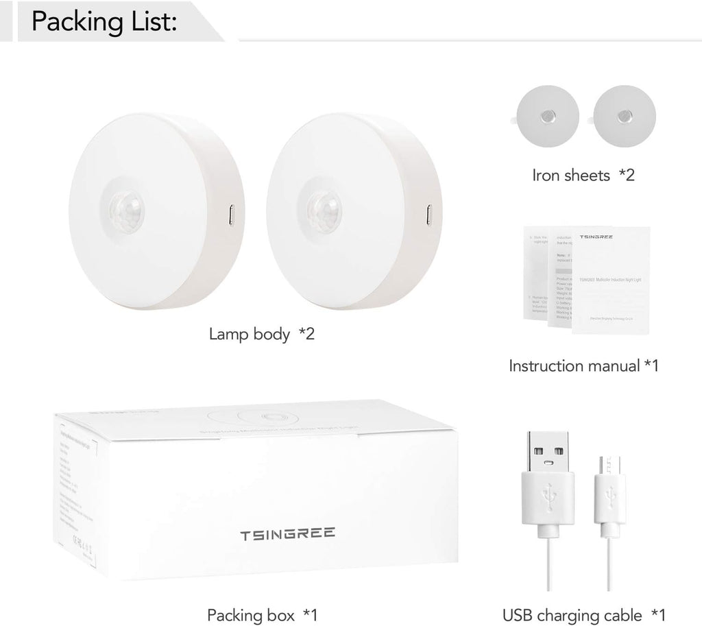 Motion Sensor LED Night Light, Rechargeable, 8 Colors, 3 Modes, for Bedroom, Hallway, Cabinet, Closet, Stairs, Bathroom, Magnetic Stick Anywhere (2 Pack White)