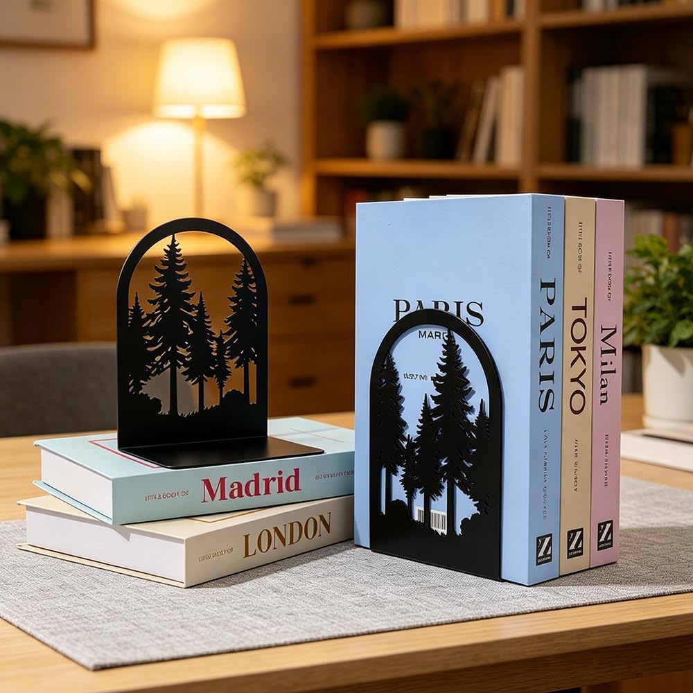 1 Pair Forest Tree Bookends, Decorative Book Holders for Bookshelves