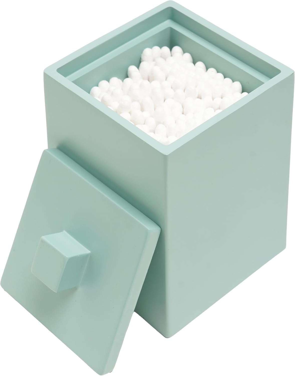 Bathroom Qtip Holder with lid, Resin Jar ,Square, Matte Green