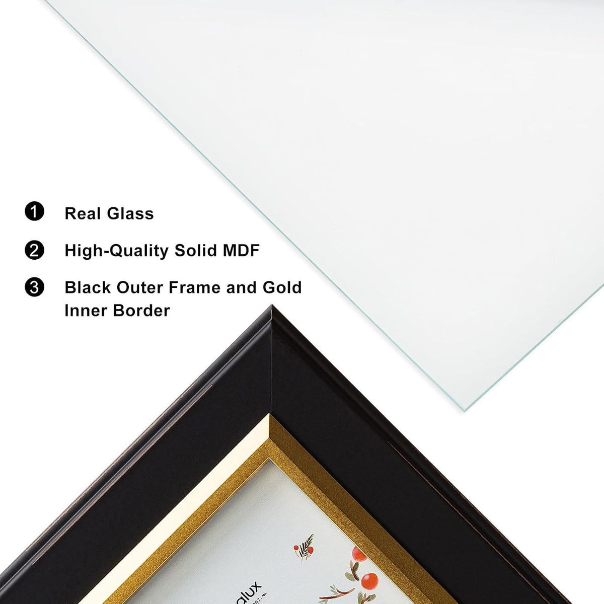 8x10 Black Wood Picture Frame with Real Glass, Gold Inner Border, Matted to 5x7, Vertical and Horizontal for Tabletop or Wall Hanging
