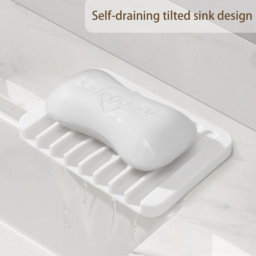 Aoheuo Modern Minimalist Style Soap Dish, Flexible Silicone Drain Soap Holder (White), 4.5" Long 3.2" Wide 0.4" High, Suitable for Kitchen, Bathroom and Bar Sinks