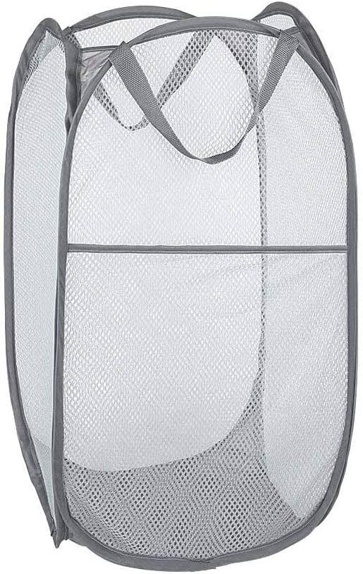 Portable Mesh Popup Laundry Hamper with Durable Handles, Folding Pop-Up Clothes Hampers Collapsible for Storage, Travel Cloth Basket Great for Home Kids Room, College Dorm, Travel (Grey)