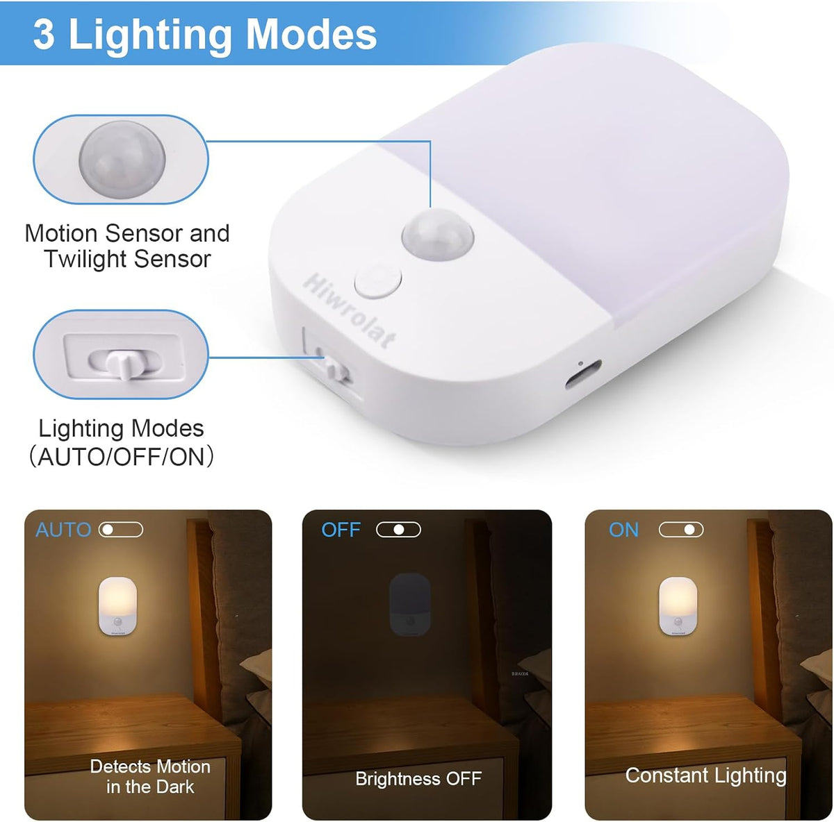 2 Pack Rechargeable Battery Night Light with Motion Sensor for Hallway Bedroom Bathroom Kitchen Living Room Stairs Stick On Anywhere Dimmable LED Nightlights