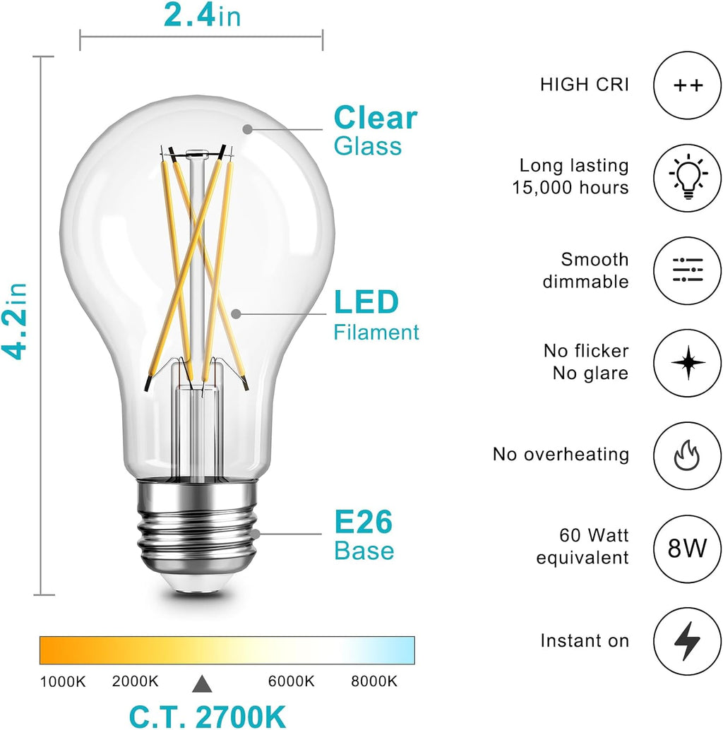 TJOY A19 LED Edison Light Bulb, E26 Dimmable Bulb, 60W Equivalent, 24 Pack