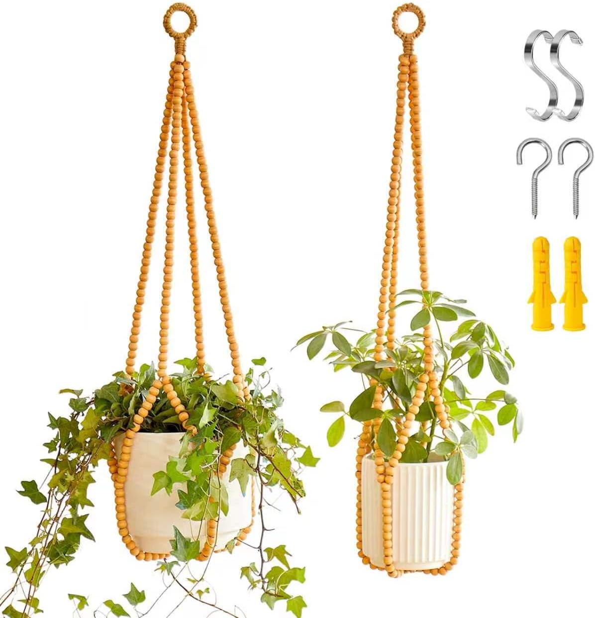 Boho Wood Bead Macrame Plant Hangers, 2Pack Handmade Beaded Hanging Planter Holders for Indoor with 4 Hooks, Fits 4–8 Inch Pots, Hanging Basket for Living Room Bedroom Window Patio Balcony Home Decor