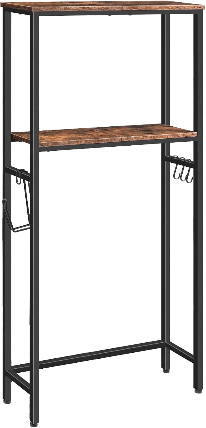 HOOBRO Over The Toilet Storage, 2-Tier freestanding Over the Toilet Storage, Bathroom Organizer Over Toilet with Toilet Paper Holder and Hooks, Space Saver for Room, Rustic Brown and Black BF49TS01