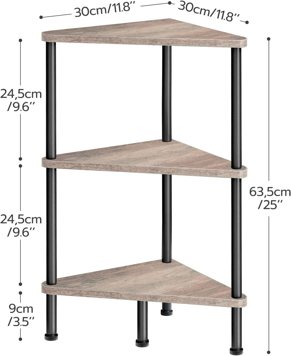 HOOBRO Corner Shelf Stand, Industrial 3-Tier Wall Corner Bookshelf with Metal Frame, Plant Display Shelf, Bookcase for Small Spaces, Living Room, Greige and Black BG30CJ01