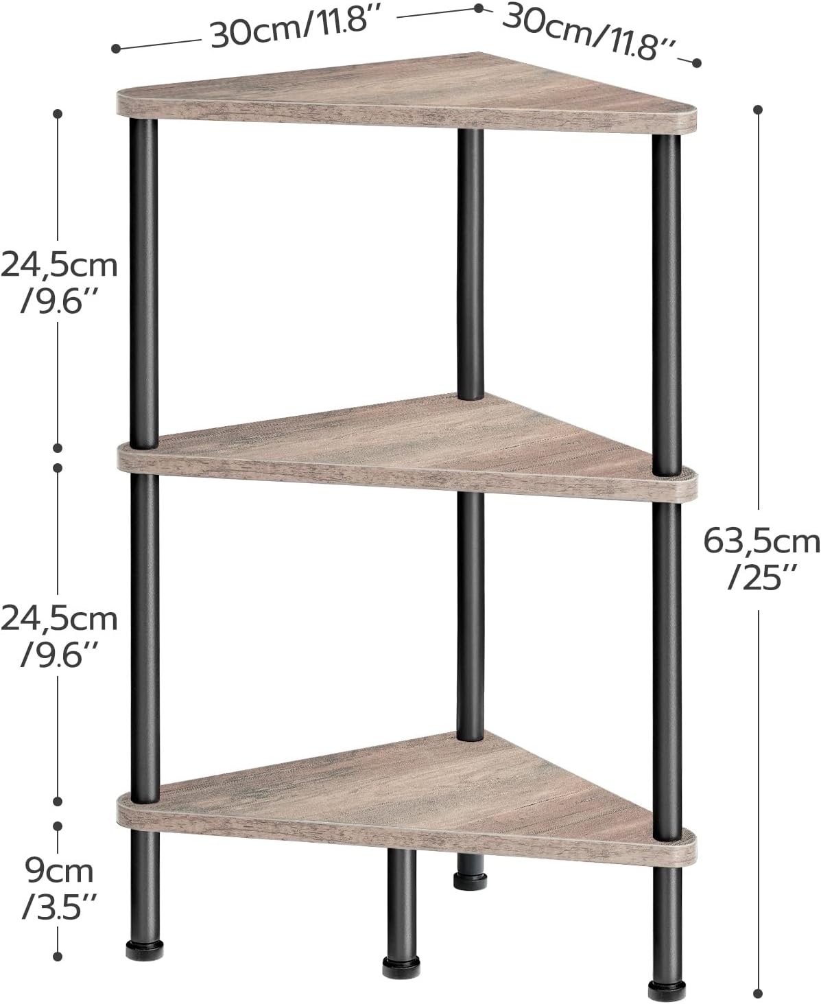 HOOBRO Corner Shelf Stand, Industrial 3-Tier Wall Corner Bookshelf with Metal Frame, Plant Display Shelf, Bookcase for Small Spaces, Living Room, Greige and Black BG30CJ01