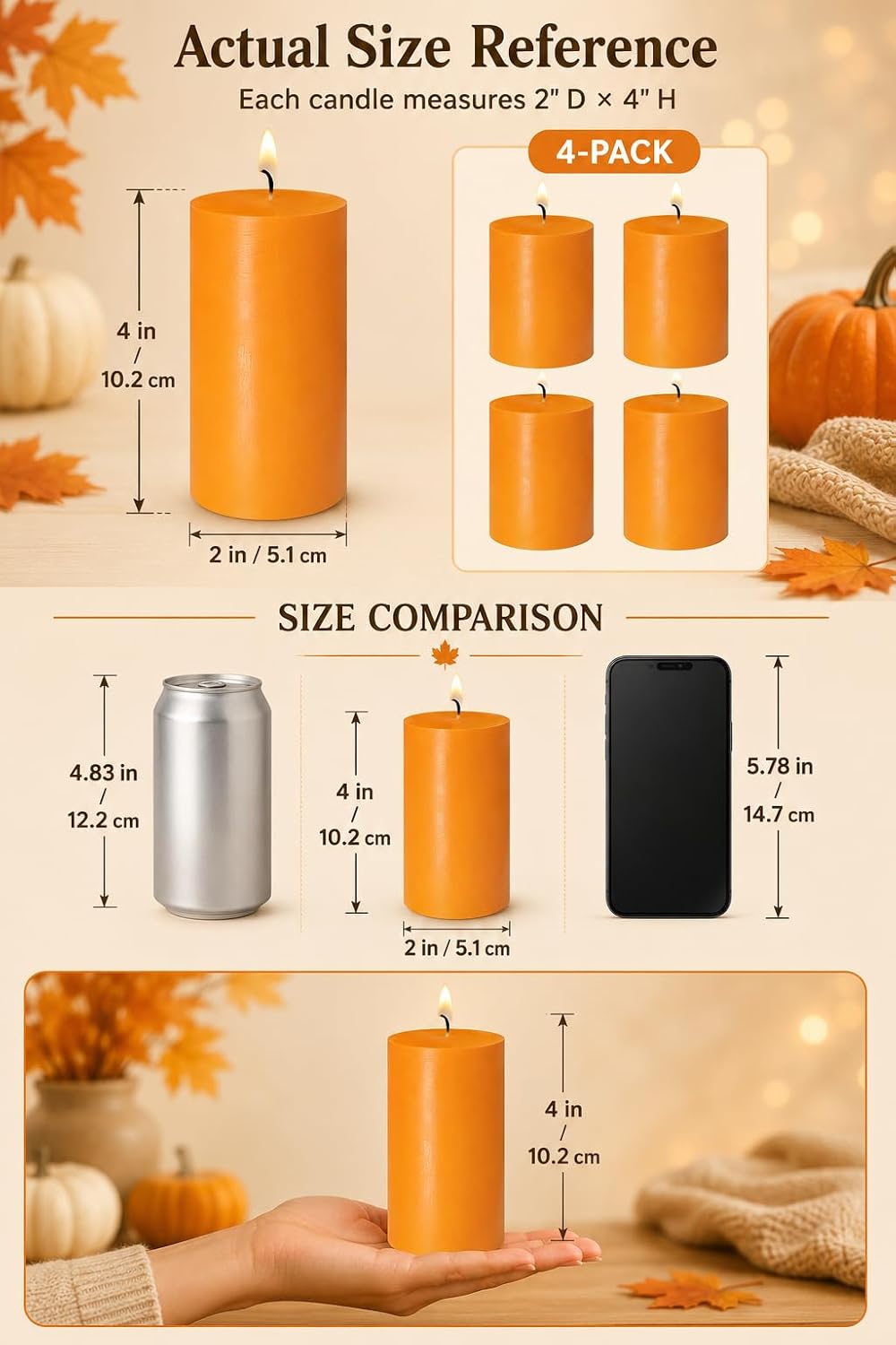 2x4 Inch Orange Unscented Pillar Candles for Fall Harvest