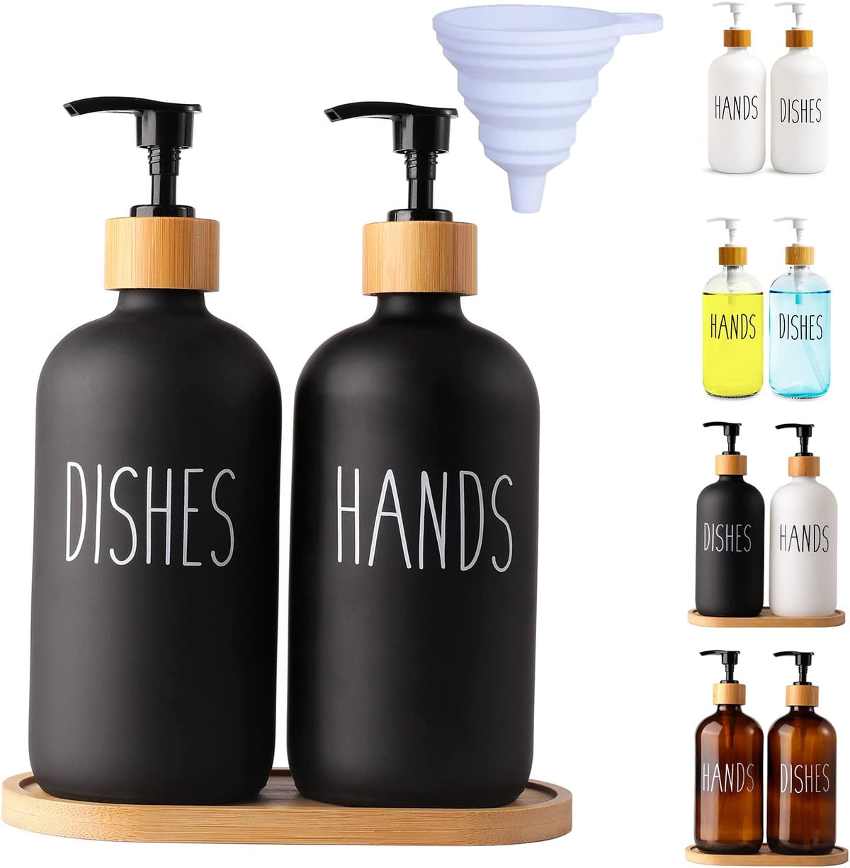 LOOCHICA 2 Pack Black Glass Soap Dispenser Set with Tray, Hand and Dish Glass Soap Dispensers for Kitchen Sink, Matte Black Soap Dispenser Suitable for Kitchen Sink, Rustic Kitchen Décor